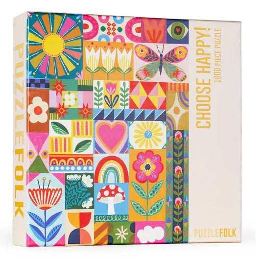 Choose Happy 1000-piece puzzle box by Puzzlefolk with colorful folk-art tiles of a sun, butterfly, heart, rainbow and mushroom