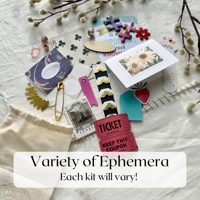 Assorted ephemera sample: tickets, a playing card, safety pin, stamps, tags, trims and a flower card; contents vary by kit