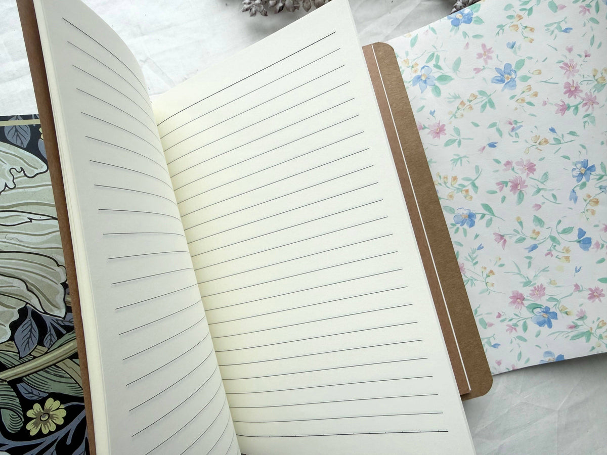 Open lined journal insert beside a pastel floral cover
